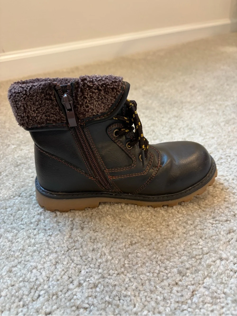 Kids Faux-Fur Collar Brown Outdoor Boots